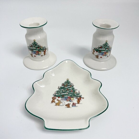Salem China Co. Whimsical Christmas Cookie Plate , 2 Candlestick Holders Vintage - Picture 1 of 8